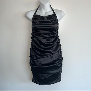 Black silky ruched backless dress